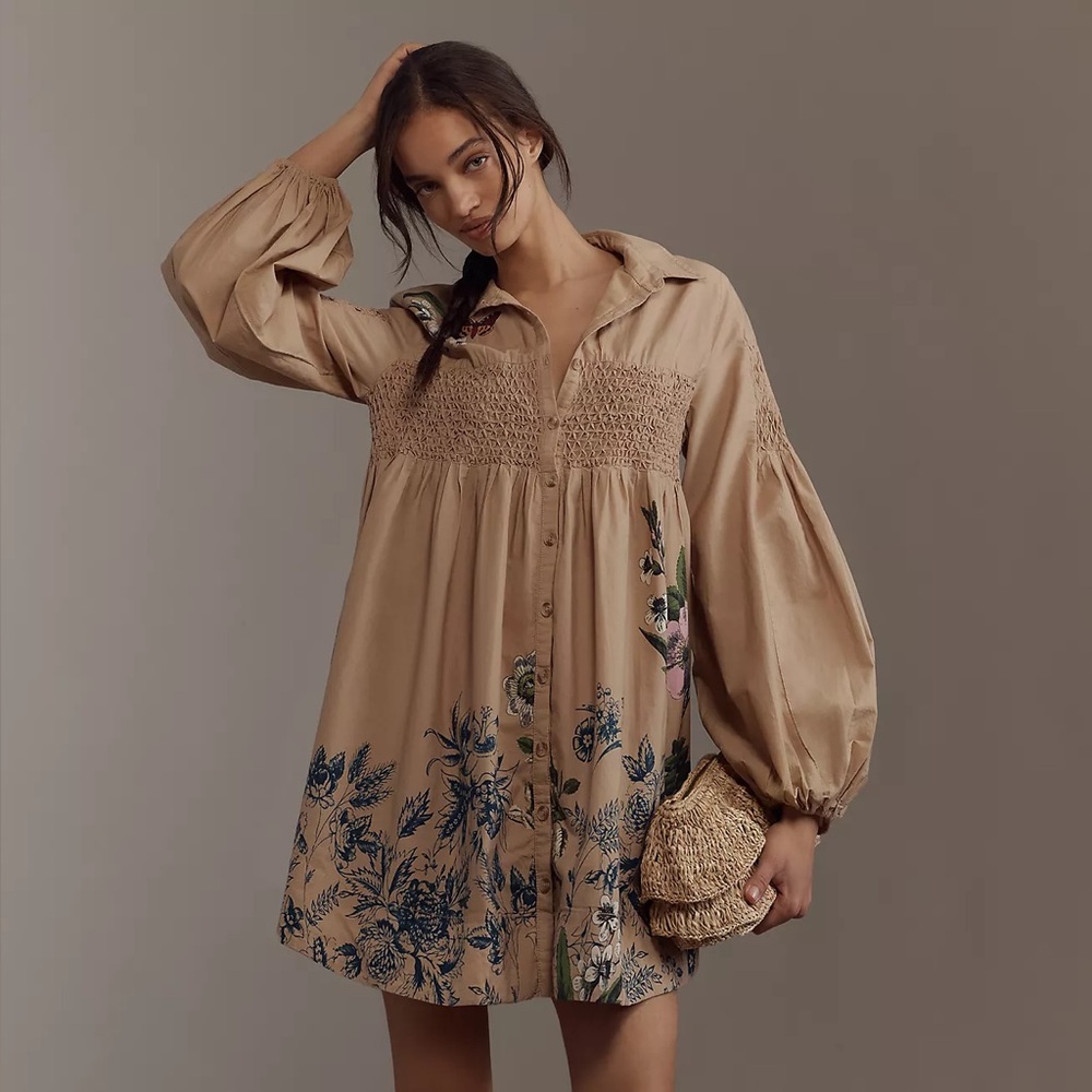 Anthropologie Beige Floral Smocked Tunic Dress with Blue Print